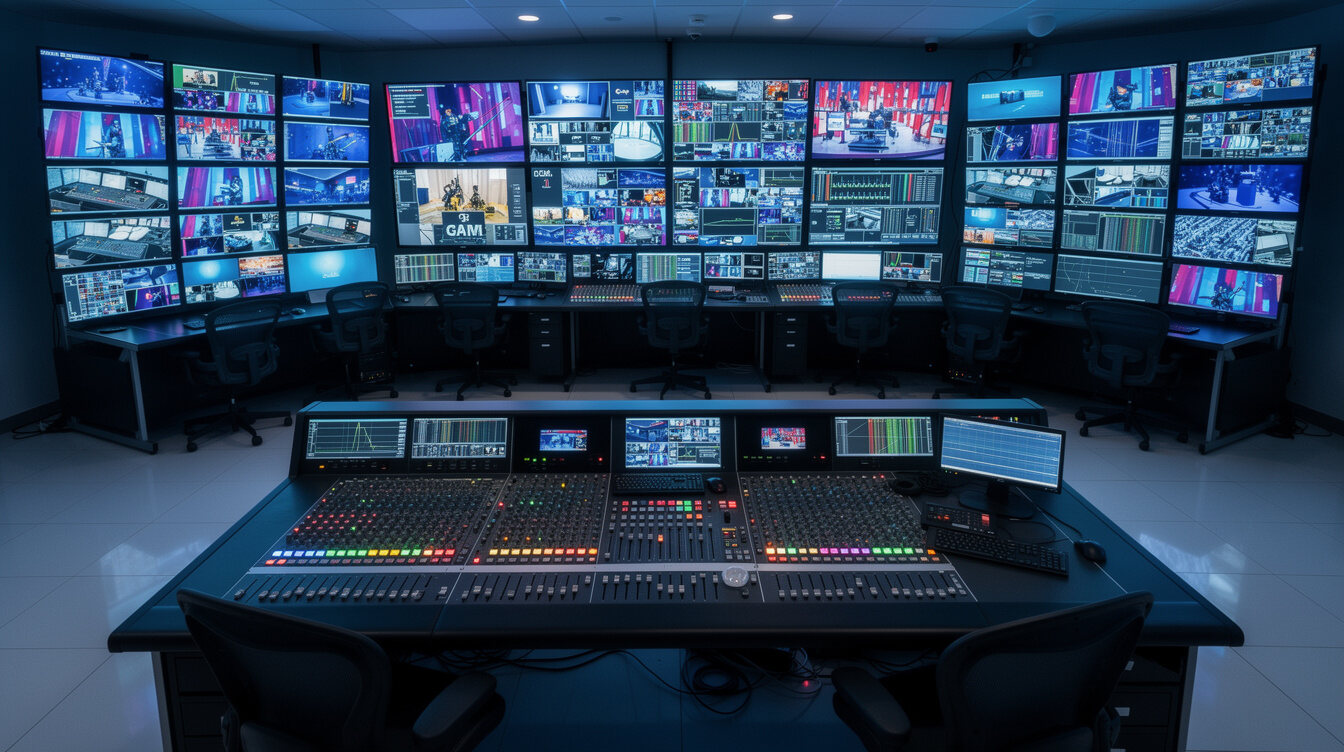 Television broadcast control room with rows of monitors and mixing desks