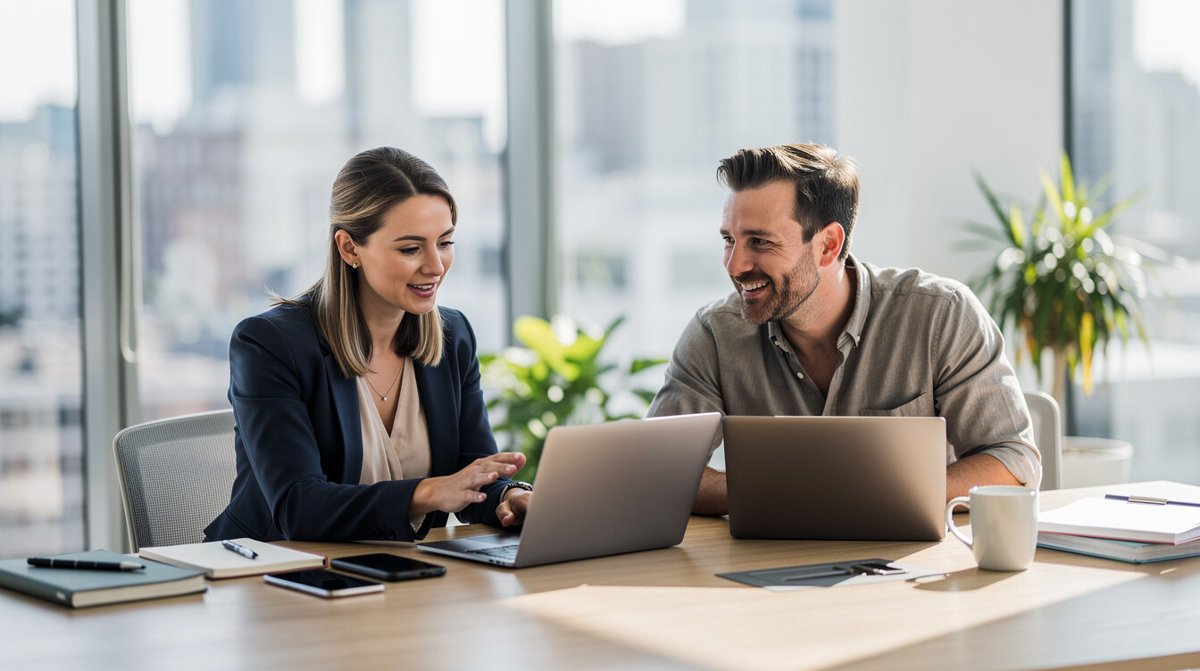 Colleagues collaborating in a modern media operations office