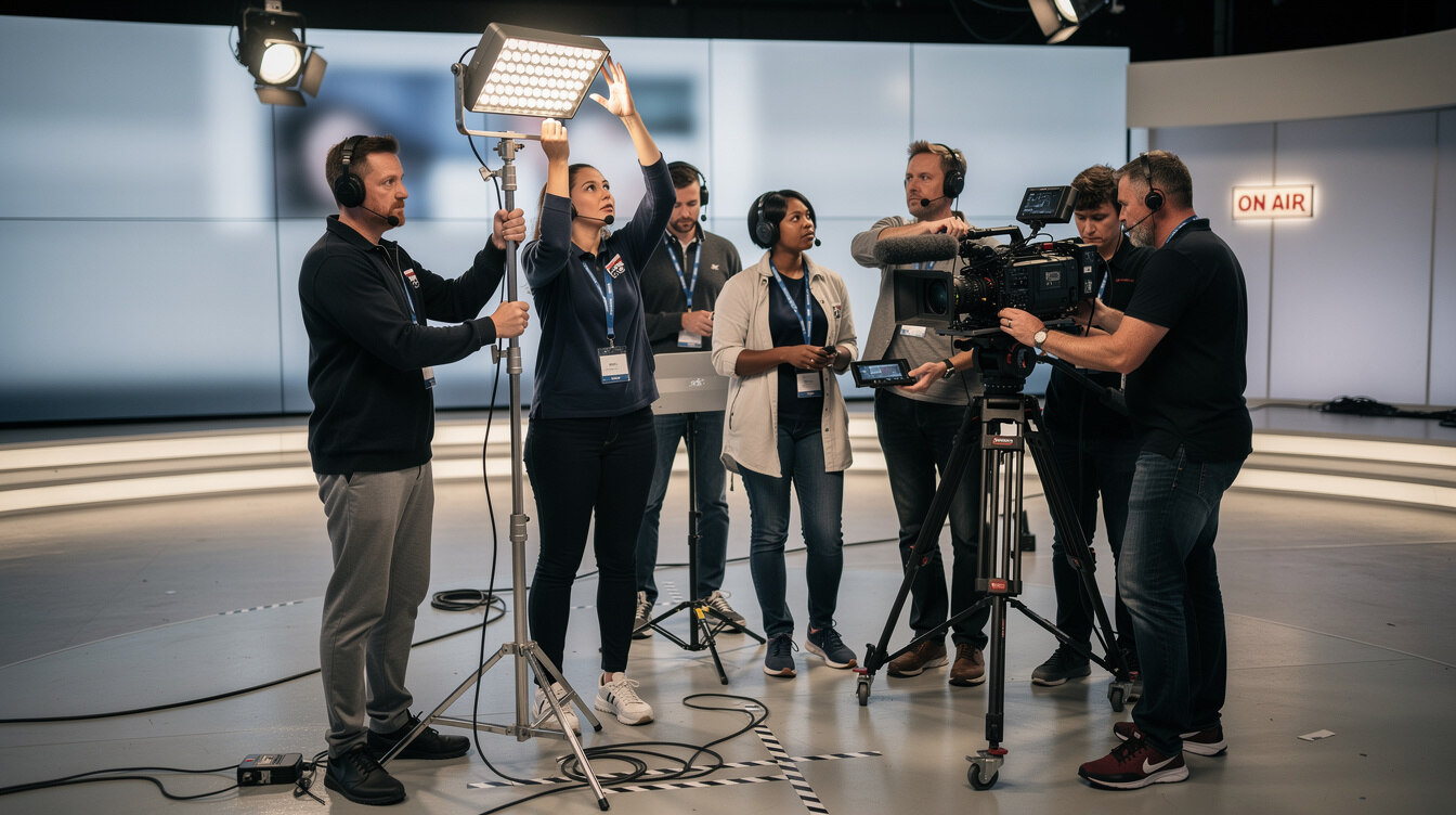 Diverse production crew preparing camera equipment before a shoot