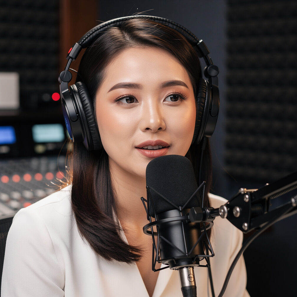 Portrait of a woman wearing broadcast headphones in a studio