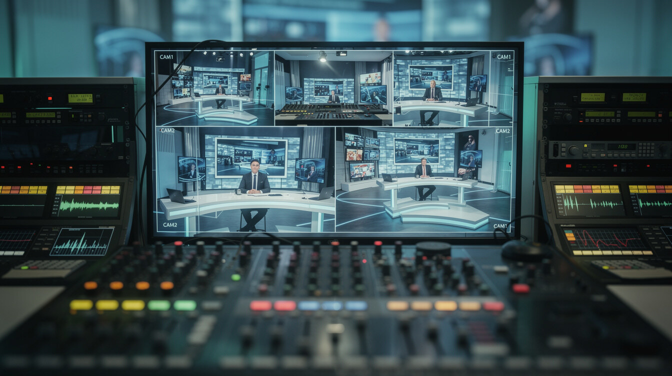 Video production studio monitor displaying live broadcast footage