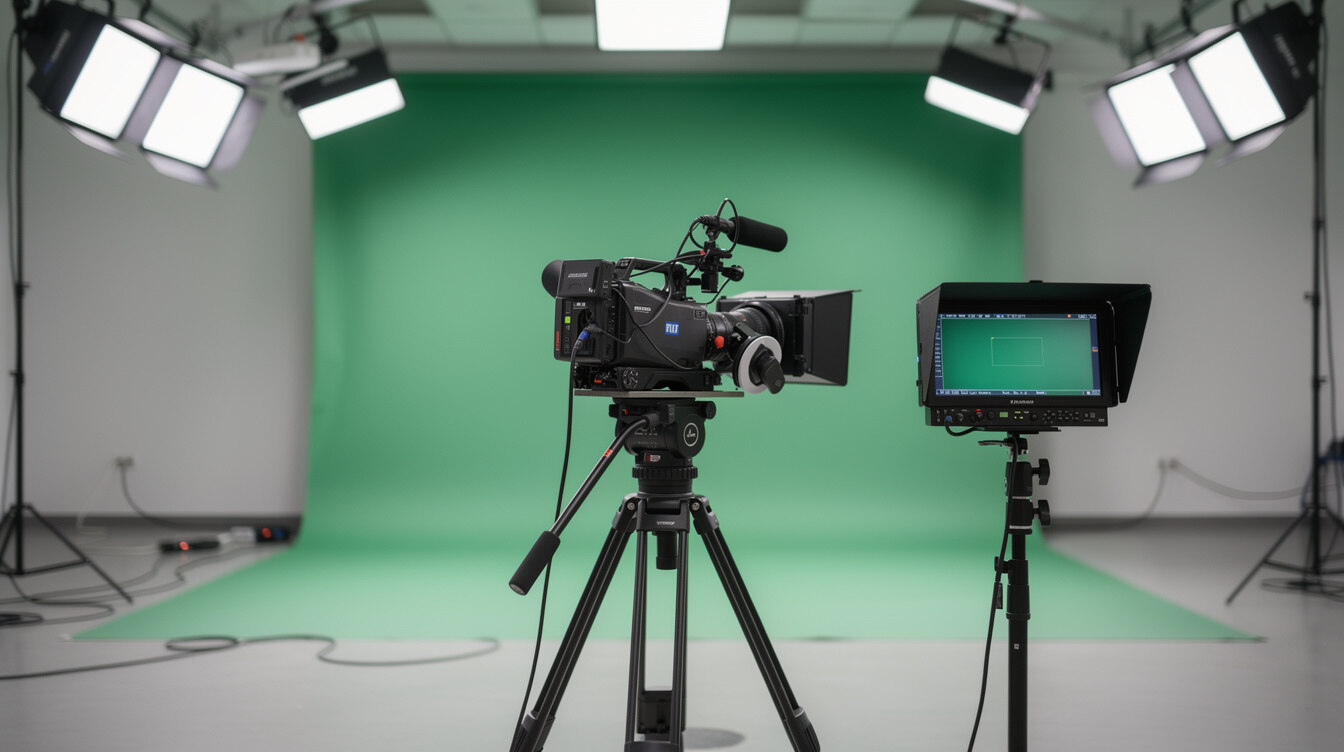 Broadcast camera monitor in front of a green screen production set