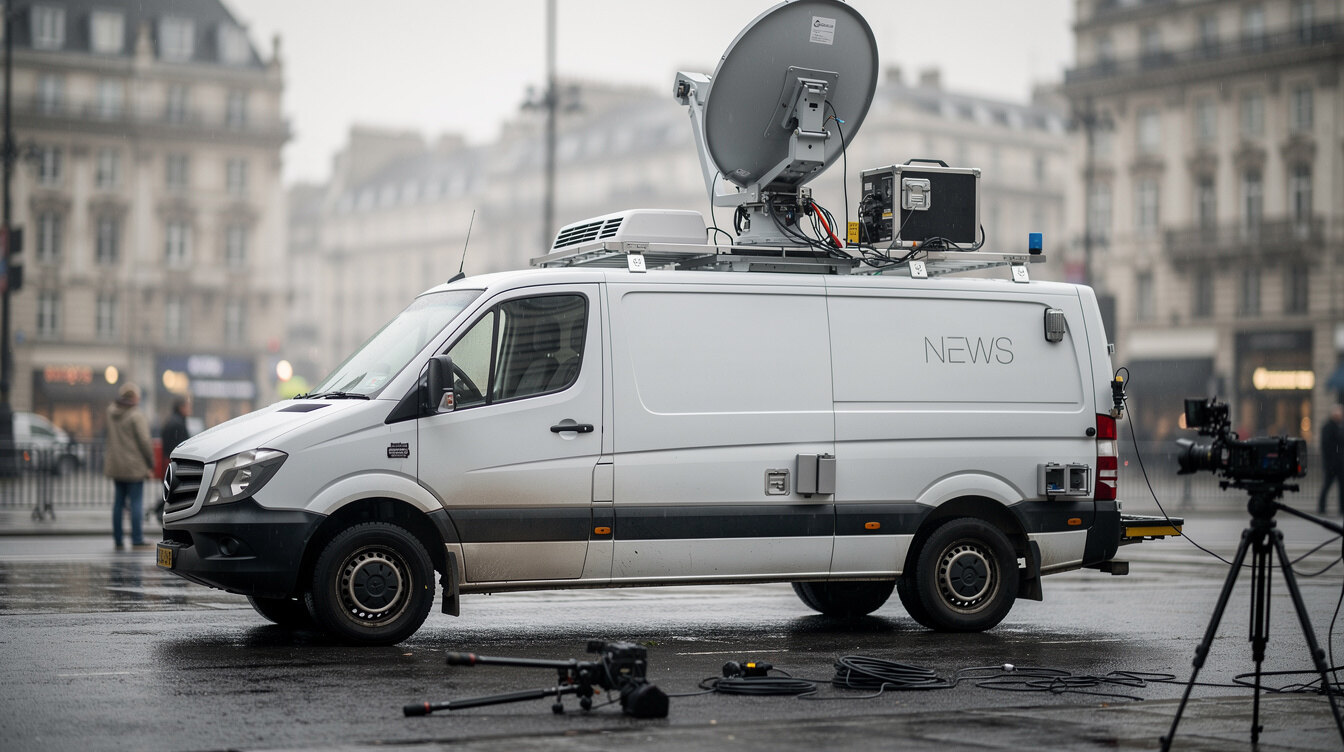 Outside broadcast satellite truck with an extended uplink dish