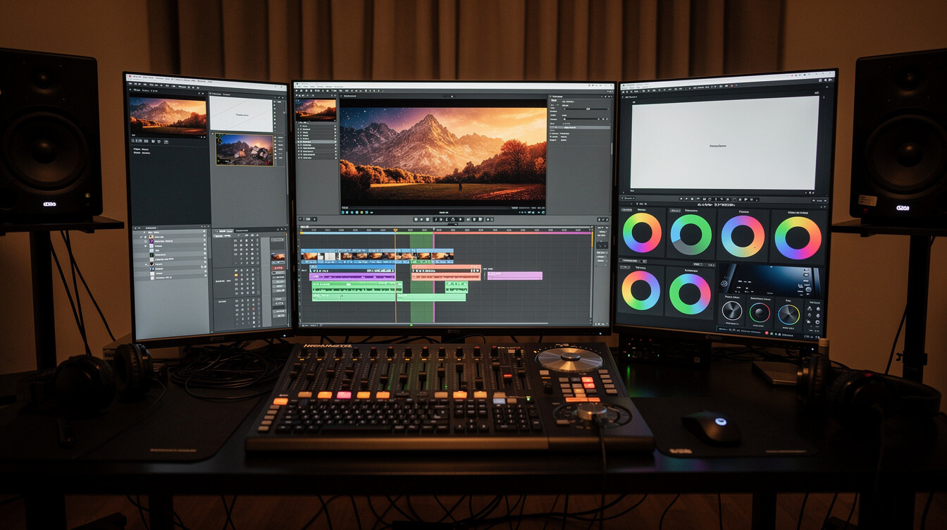 Video editing desk with multiple monitors displaying footage
