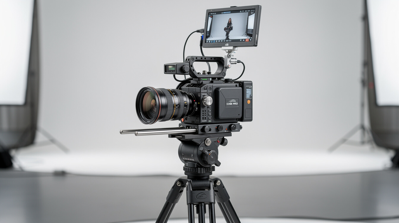 Professional cinema camera rig with an external monitor and lens