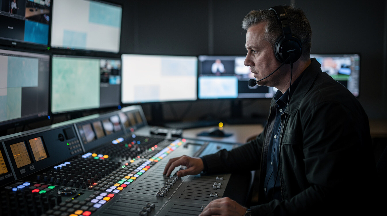 Broadcast operator adjusting controls in a live production control room