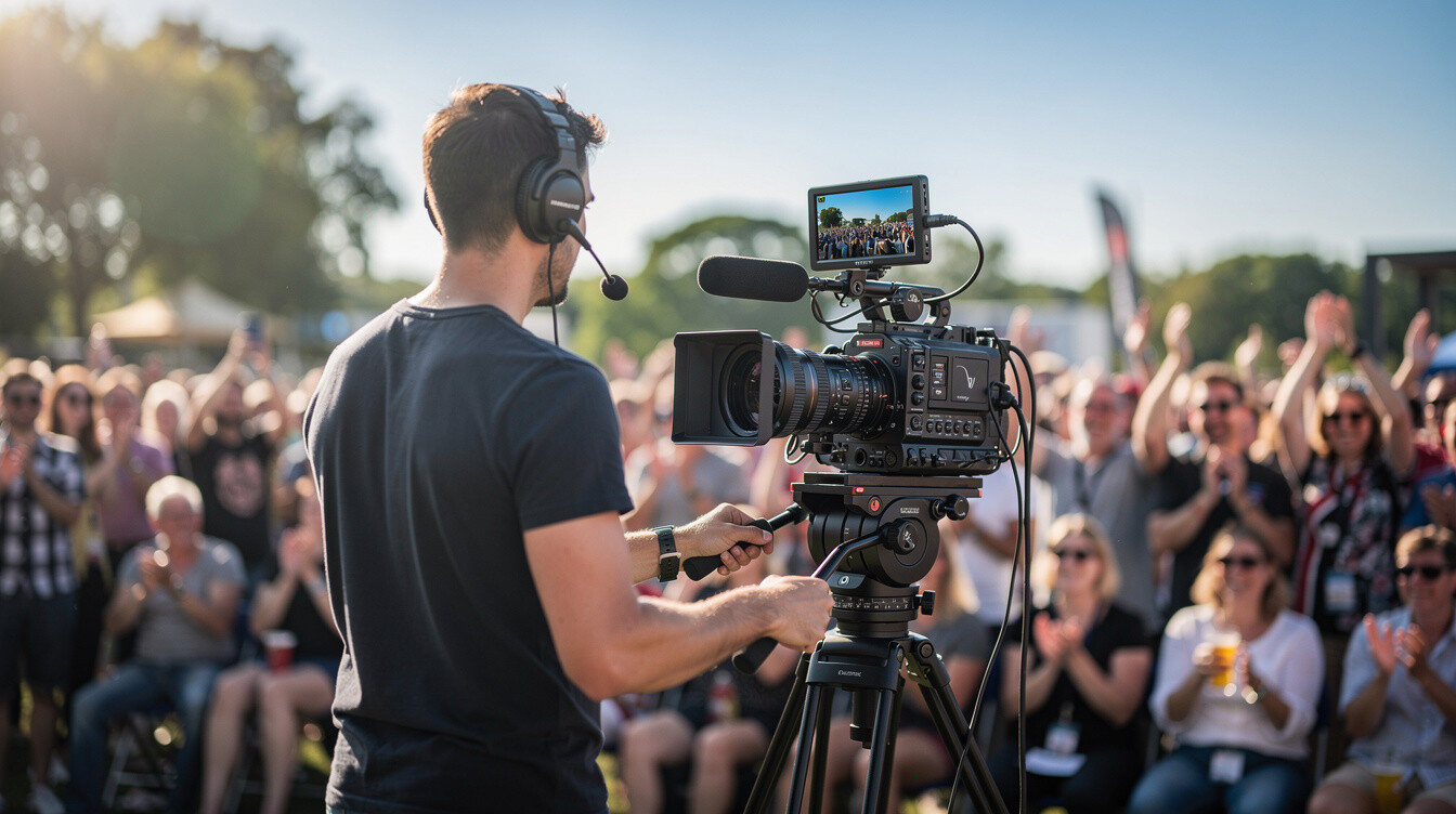 Professional broadcast camera filming a live crowd at an event