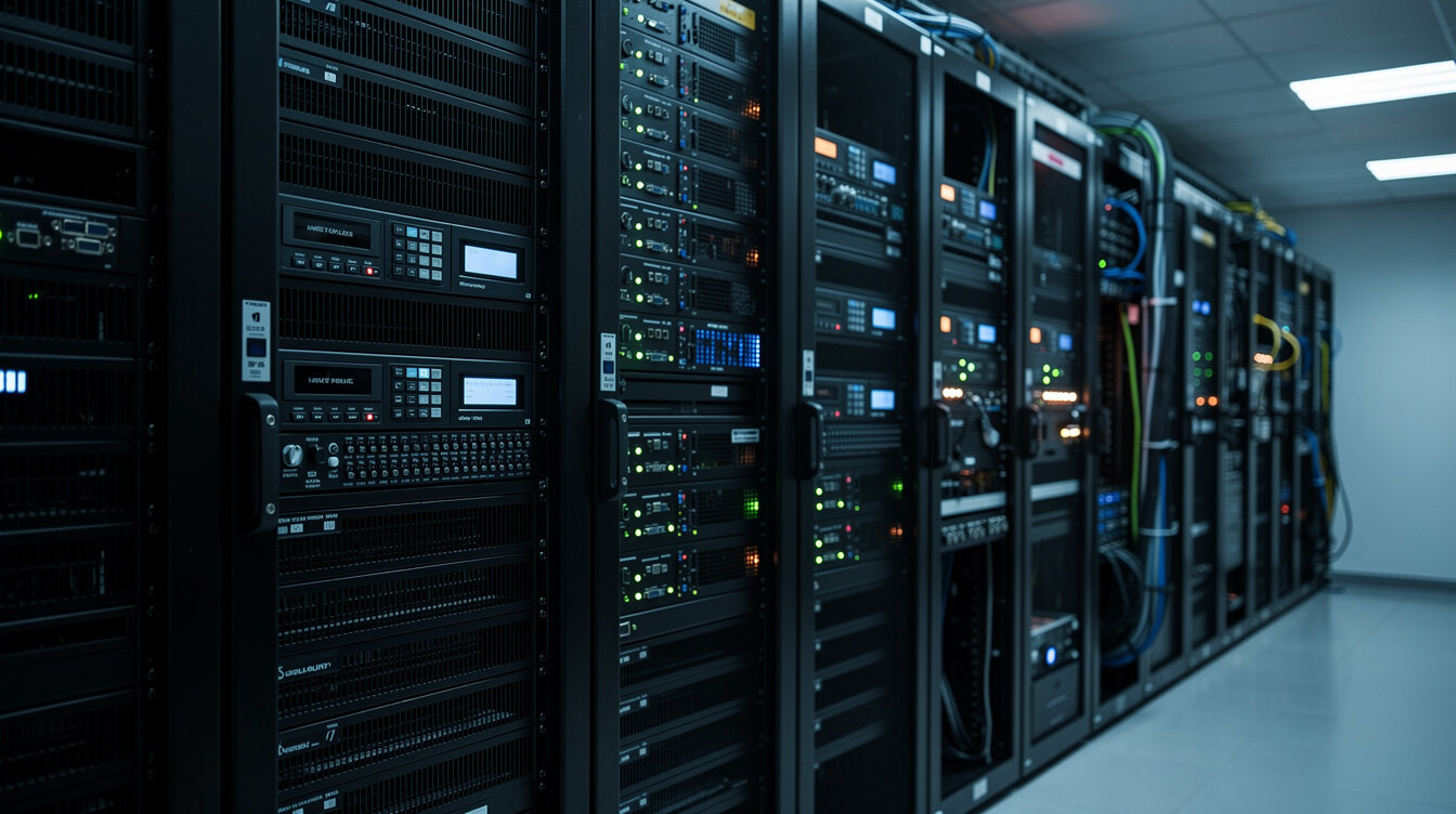 Rows of broadcast playout server racks with status lights