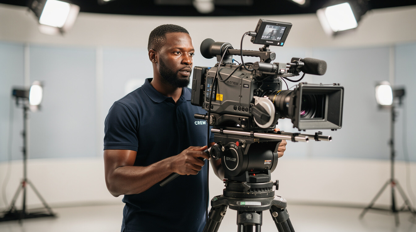 Camera operator filming with a professional broadcast video camera in a studio